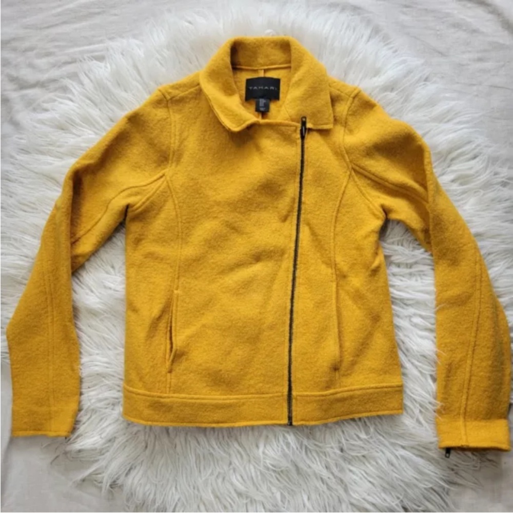 EUC Tahari mustard yellow wool blend moto jacket size medium